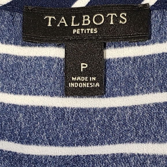 NWOT TALBOTS BLUE AND WHITE STRIPED TIE SLEEVE V-NECK BLOUSE. - Picture 5 of 6